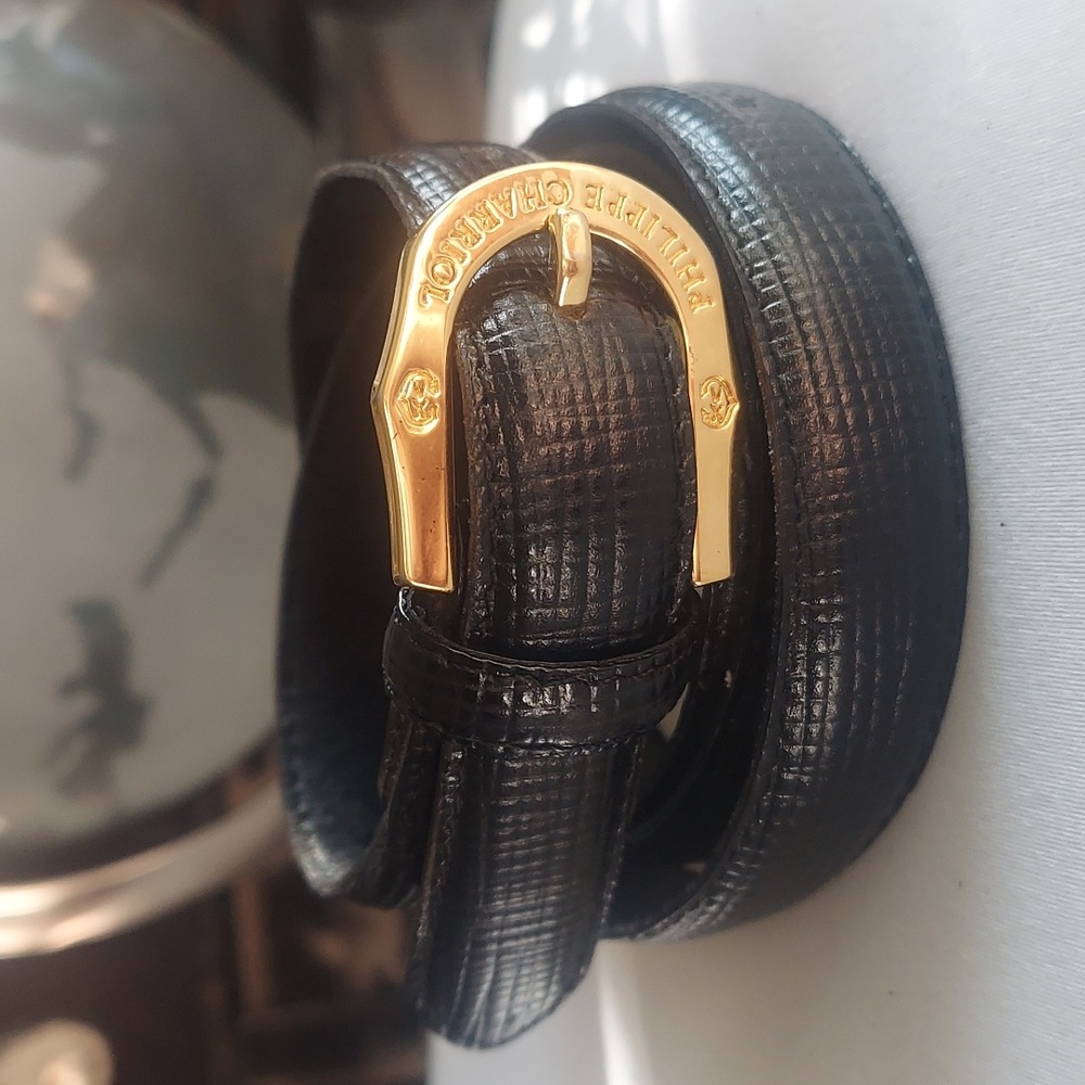 PHILIPPE CHARRIOL Black Gold Signature Classic Leather Belt